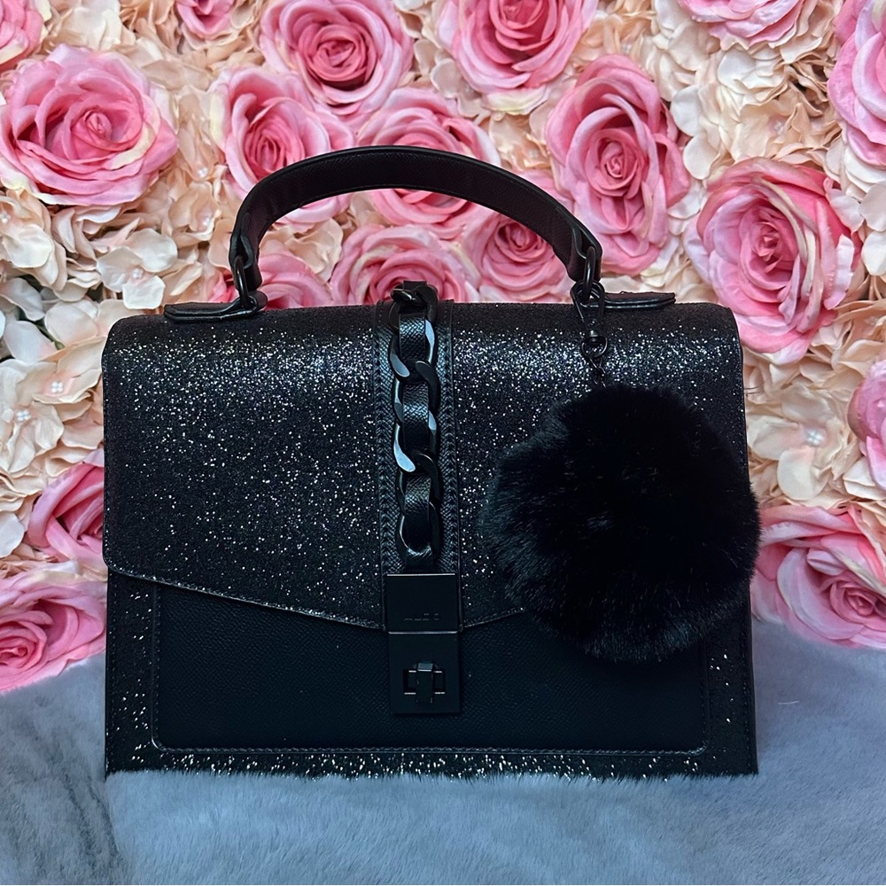 Black Sparkling Glitter Aldo Bag with Fur Puff Ball